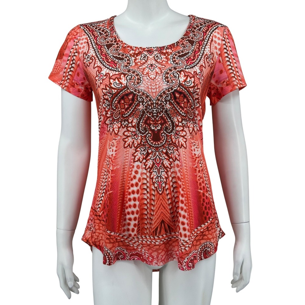 One World Top Womens Small Orange Paisley Boho Stretch Short Sleeve Y2K Artsy